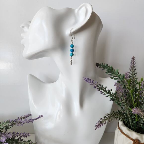 Turquoise Seashell Beads Tassel Earrings, Silver Plated Wire Wrapped Earrings - Picture 3 of 6